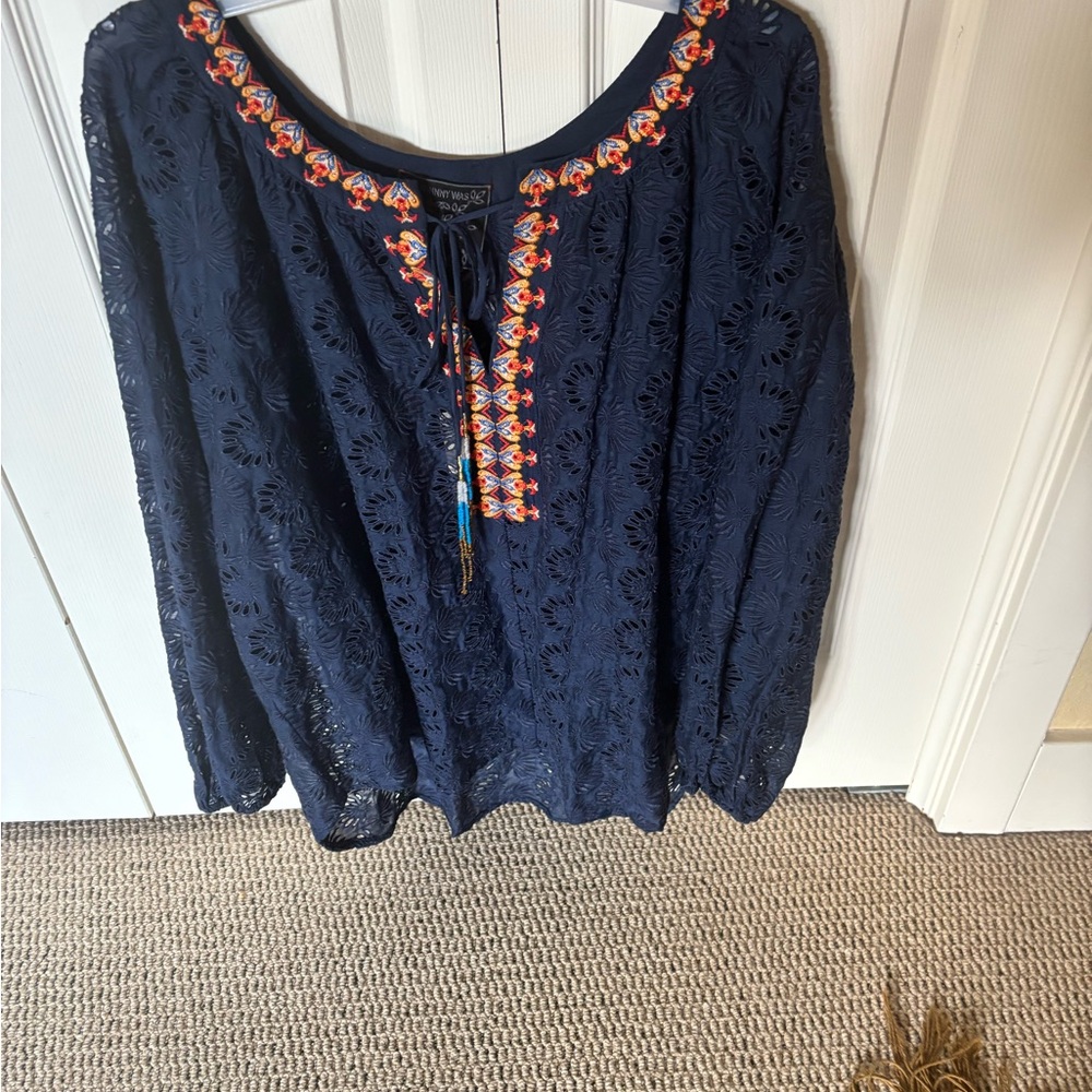 Johnny Was navy eyelet long sleeve blouse.